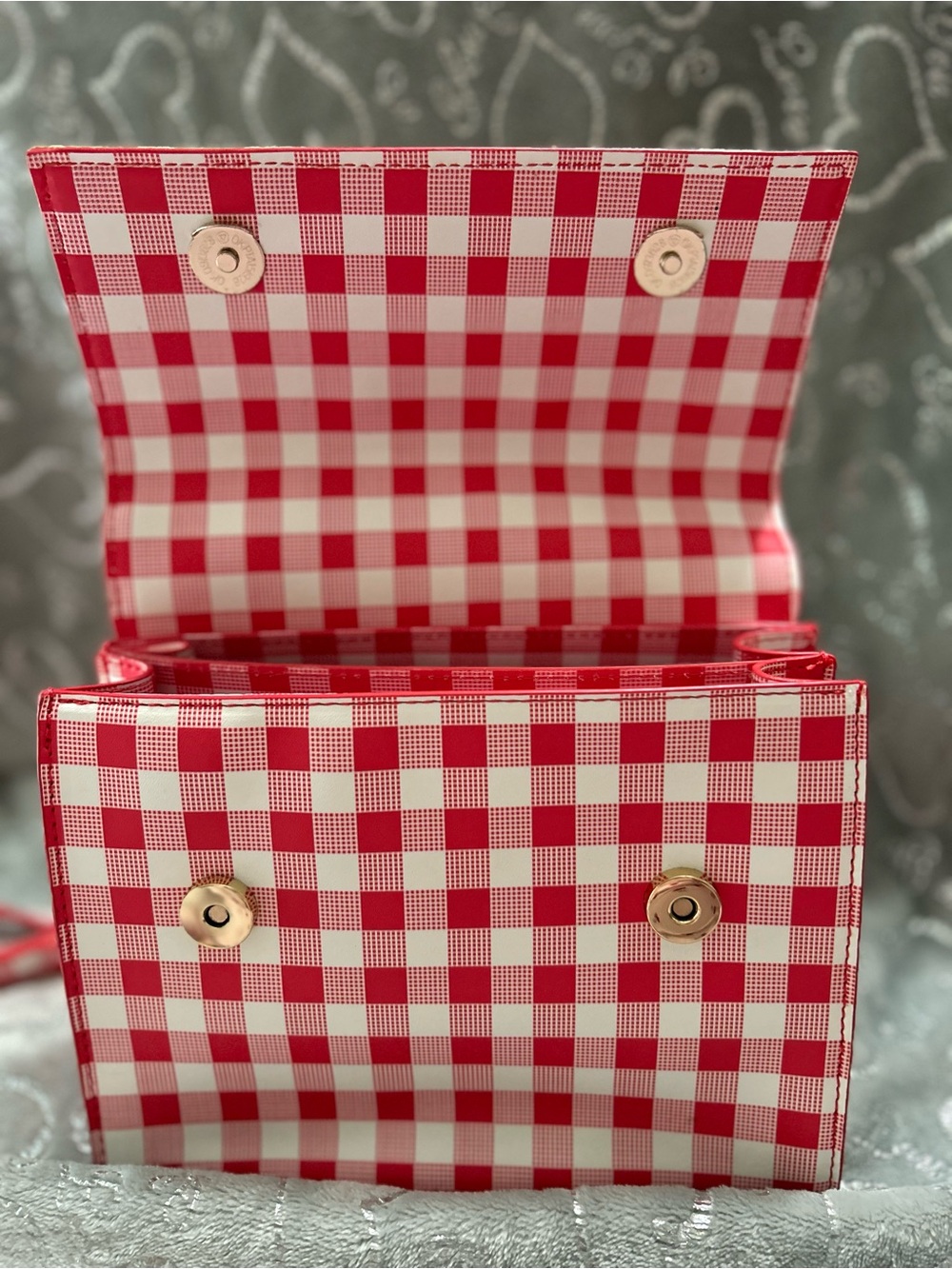 NWT Betsey Johnson, Mini Red & Cream Gingham Strawberry Crossbody Bag with Charm - Picture 8 of 9